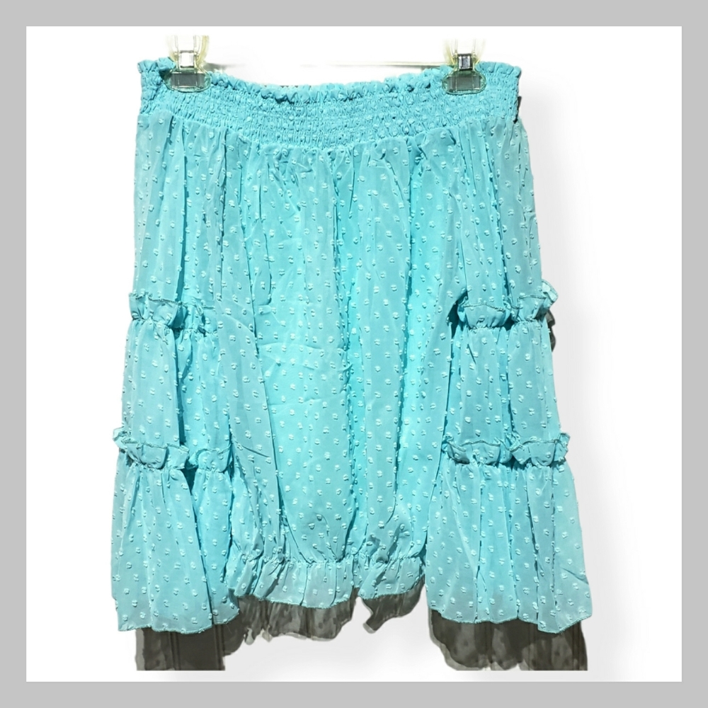 ● S O L D ● Turqouise Blue Ruffled Off Shoulder Peasant Top - Picture 3 of 8